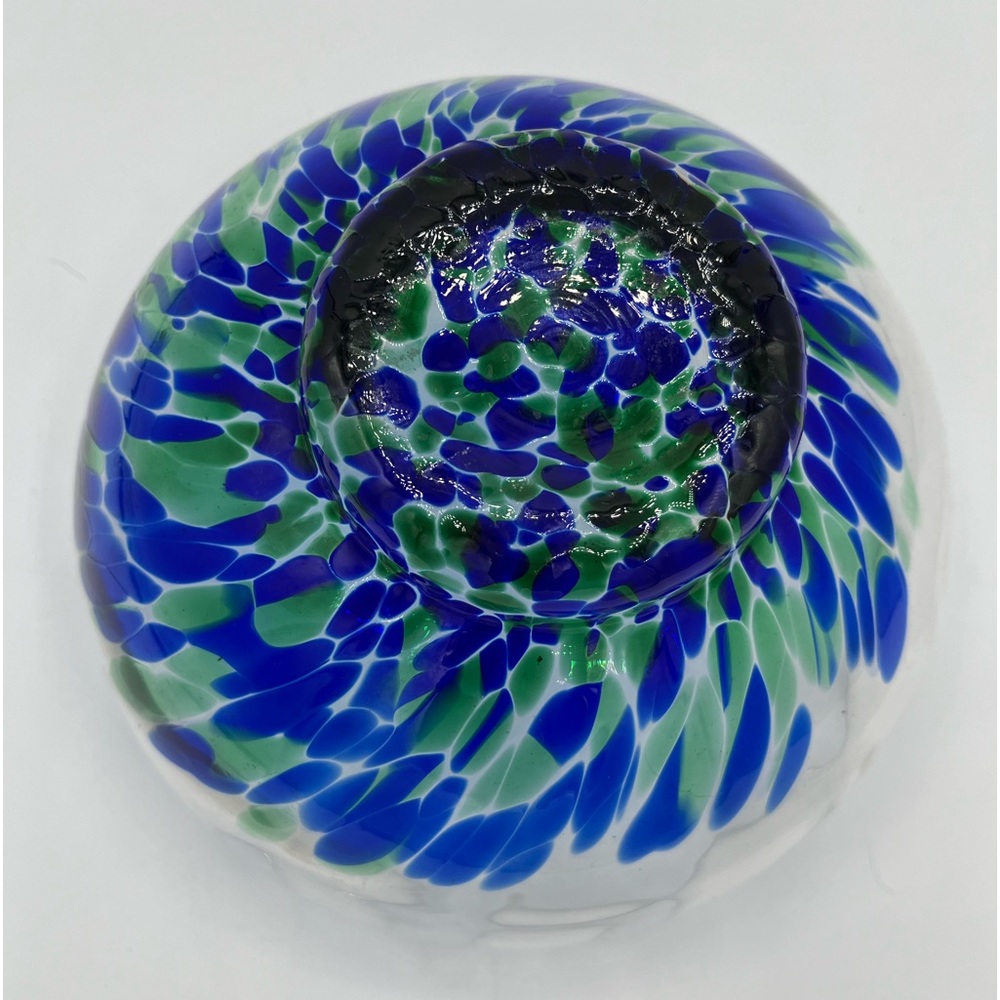 Fused Art Glass Bowl Cobalt Blue And Teal Green On Clear Glass 7.5" Excellent! - Picture 6 of 6